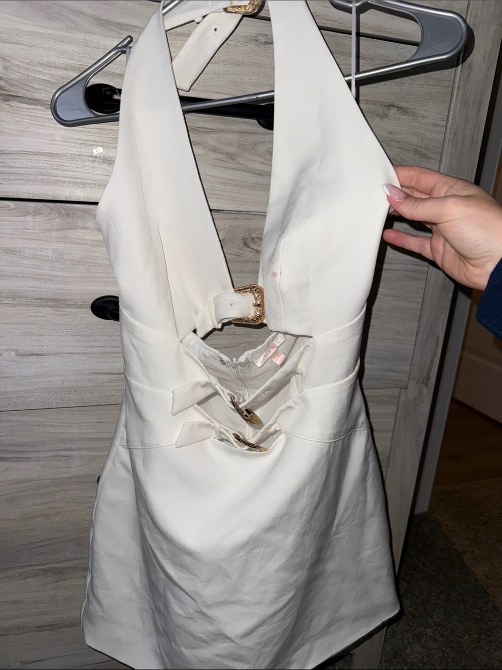 Hello Molly White Halter Mini Dress with Gold Buckle Details